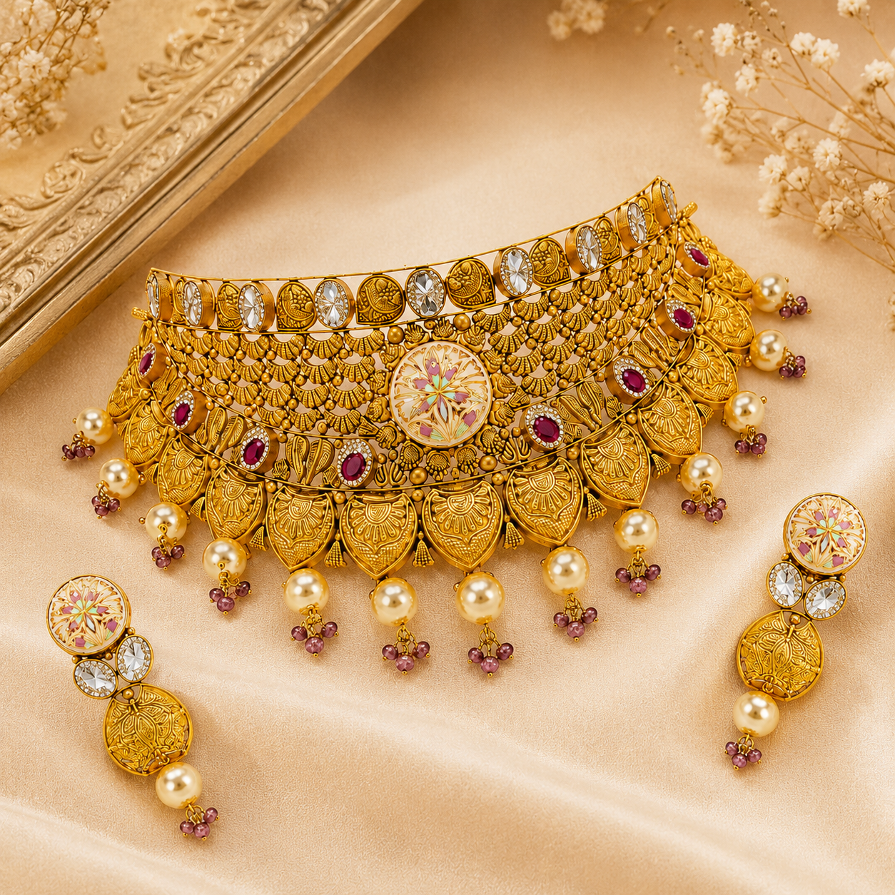 22Kt Gold Antique Choker Necklace Set with Polki & Moonstone Drops