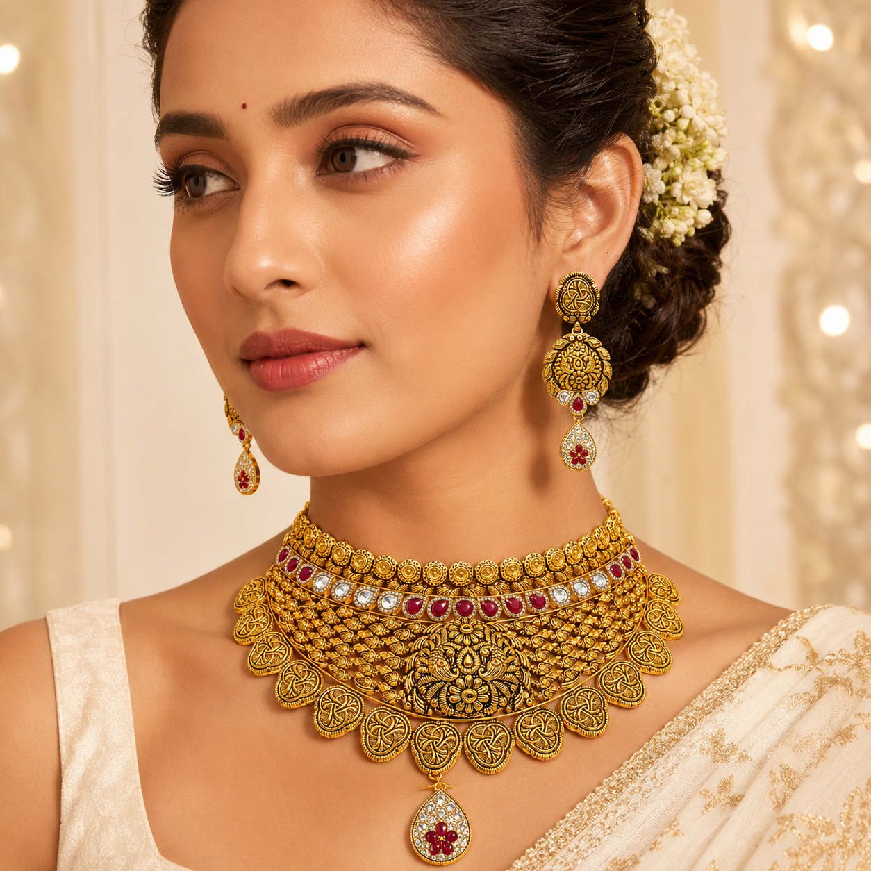 22Kt Gold Heritage Floral Choker Necklace Set with Polki & Ruby