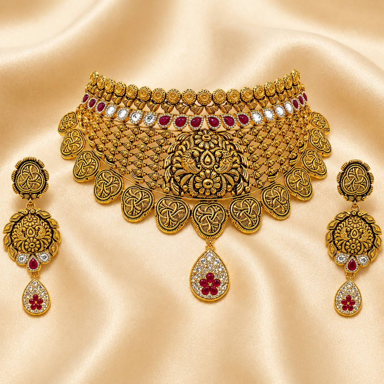 22Kt Gold Heritage Floral Choker Necklace Set with Polki & Ruby