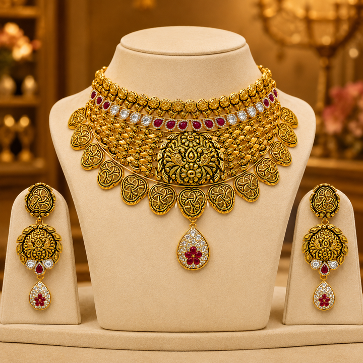 22Kt Gold Heritage Floral Choker Necklace Set with Polki & Ruby