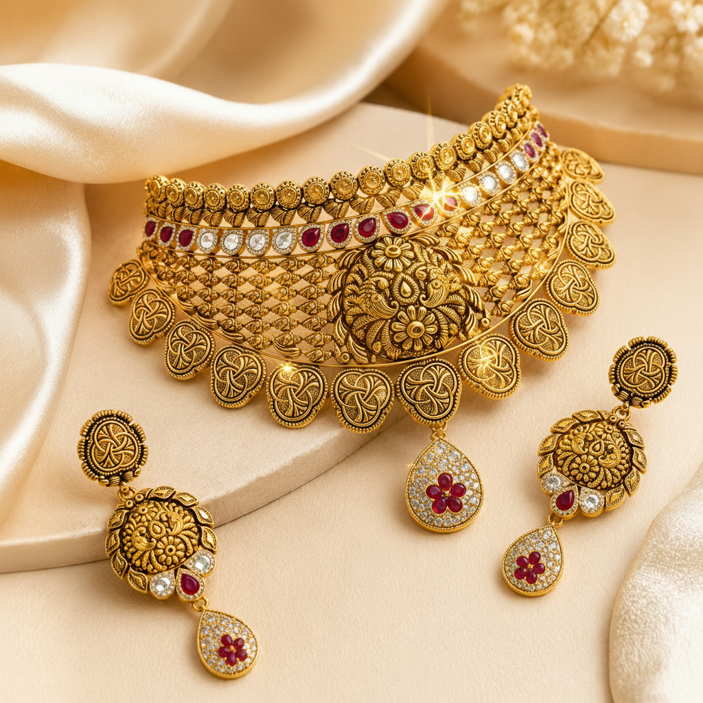 22Kt Gold Heritage Floral Choker Necklace Set with Polki & Ruby