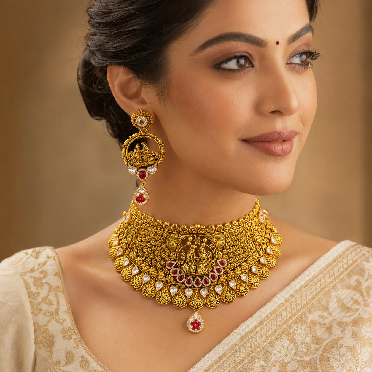 22Kt Gold Temple Choker Necklace Set with Meenakari & Ruby Drops