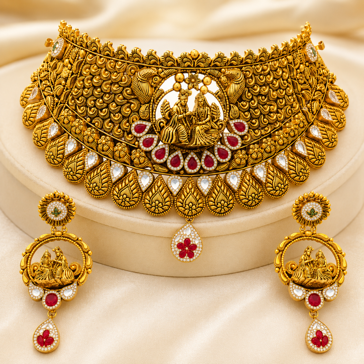 22Kt Gold Temple Choker Necklace Set with Meenakari & Ruby Drops