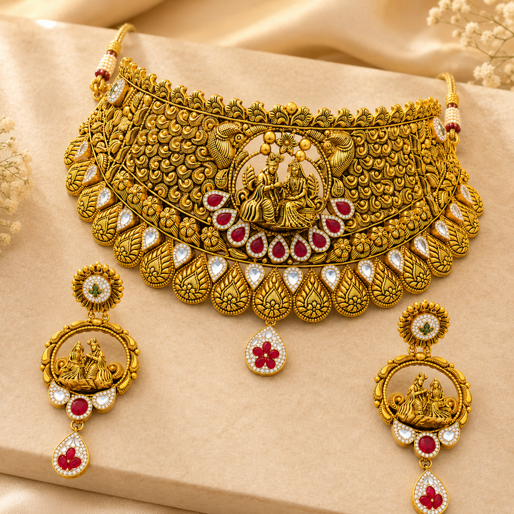 22Kt Gold Temple Choker Necklace Set with Meenakari & Ruby Drops
