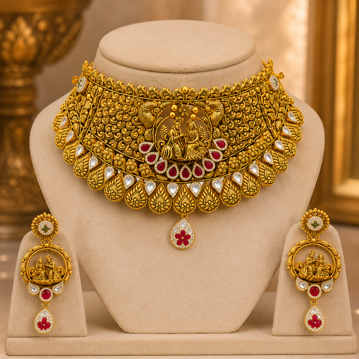 22Kt Gold Temple Choker Necklace Set with Meenakari & Ruby Drops