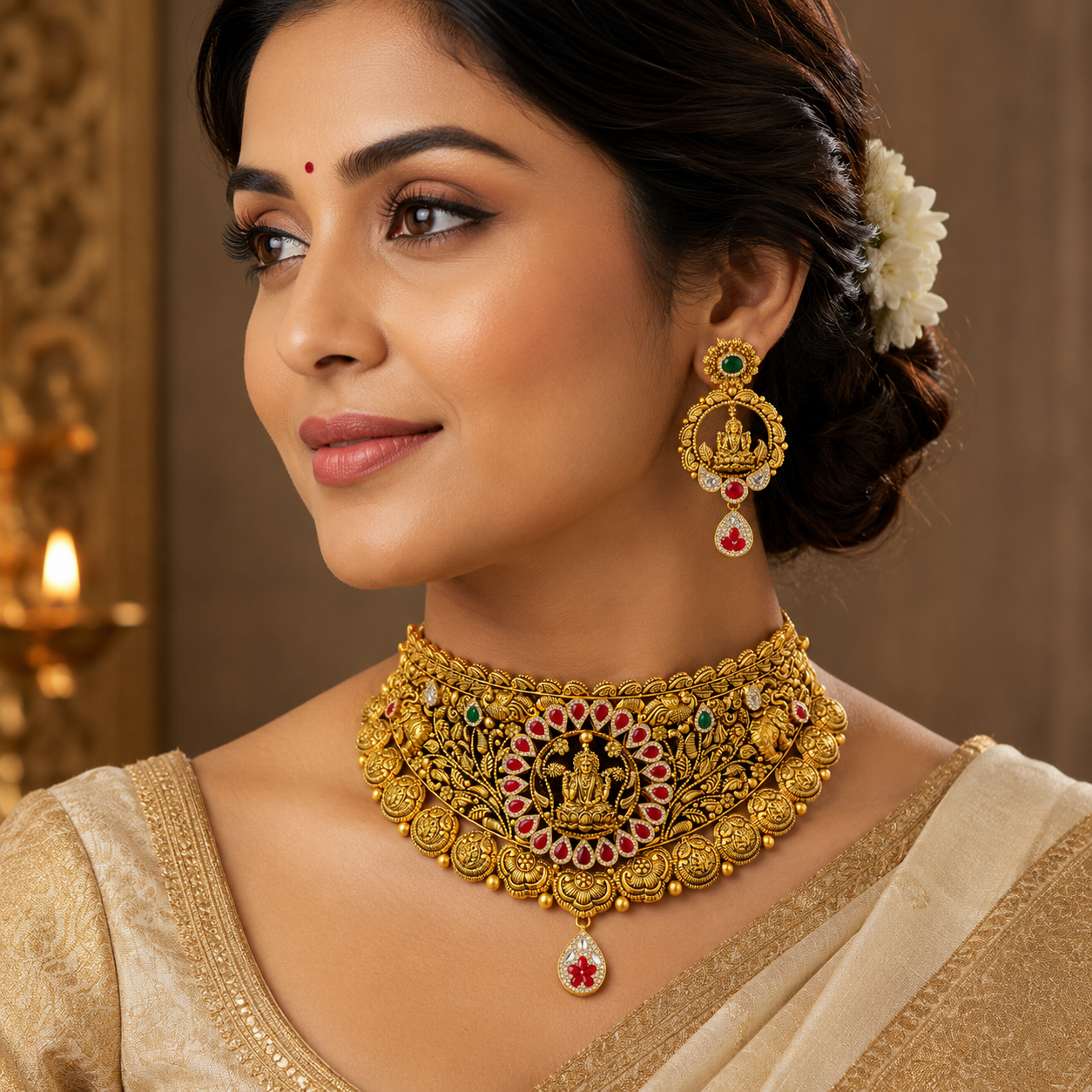 22Kt Gold Antique Peacock Choker Necklace Set with Ruby & Polki