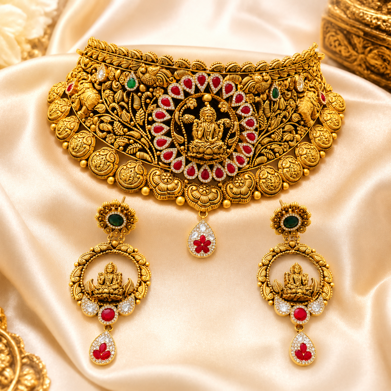 22Kt Gold Antique Peacock Choker Necklace Set with Ruby & Polki