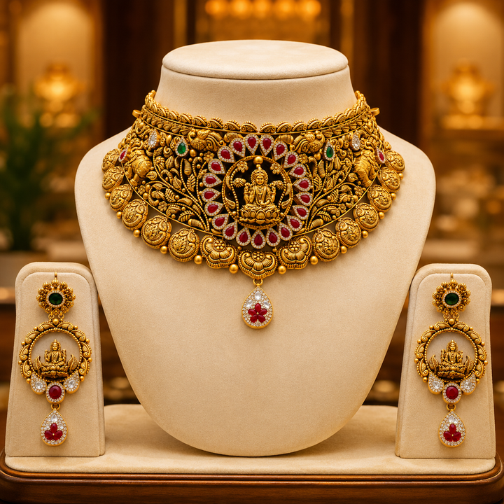 22Kt Gold Antique Peacock Choker Necklace Set with Ruby & Polki