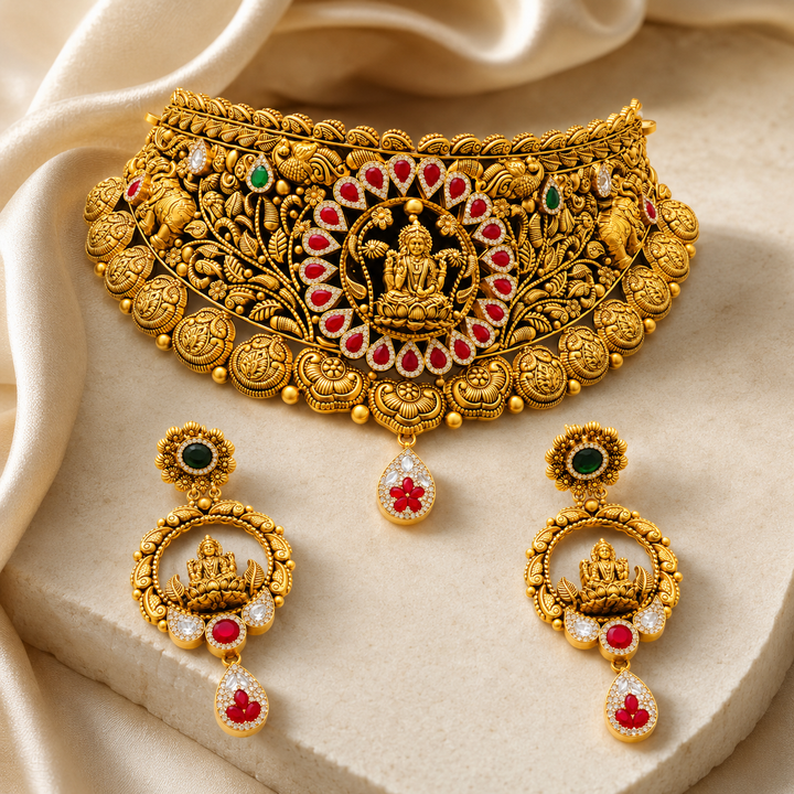 22Kt Gold Antique Peacock Choker Necklace Set with Ruby & Polki