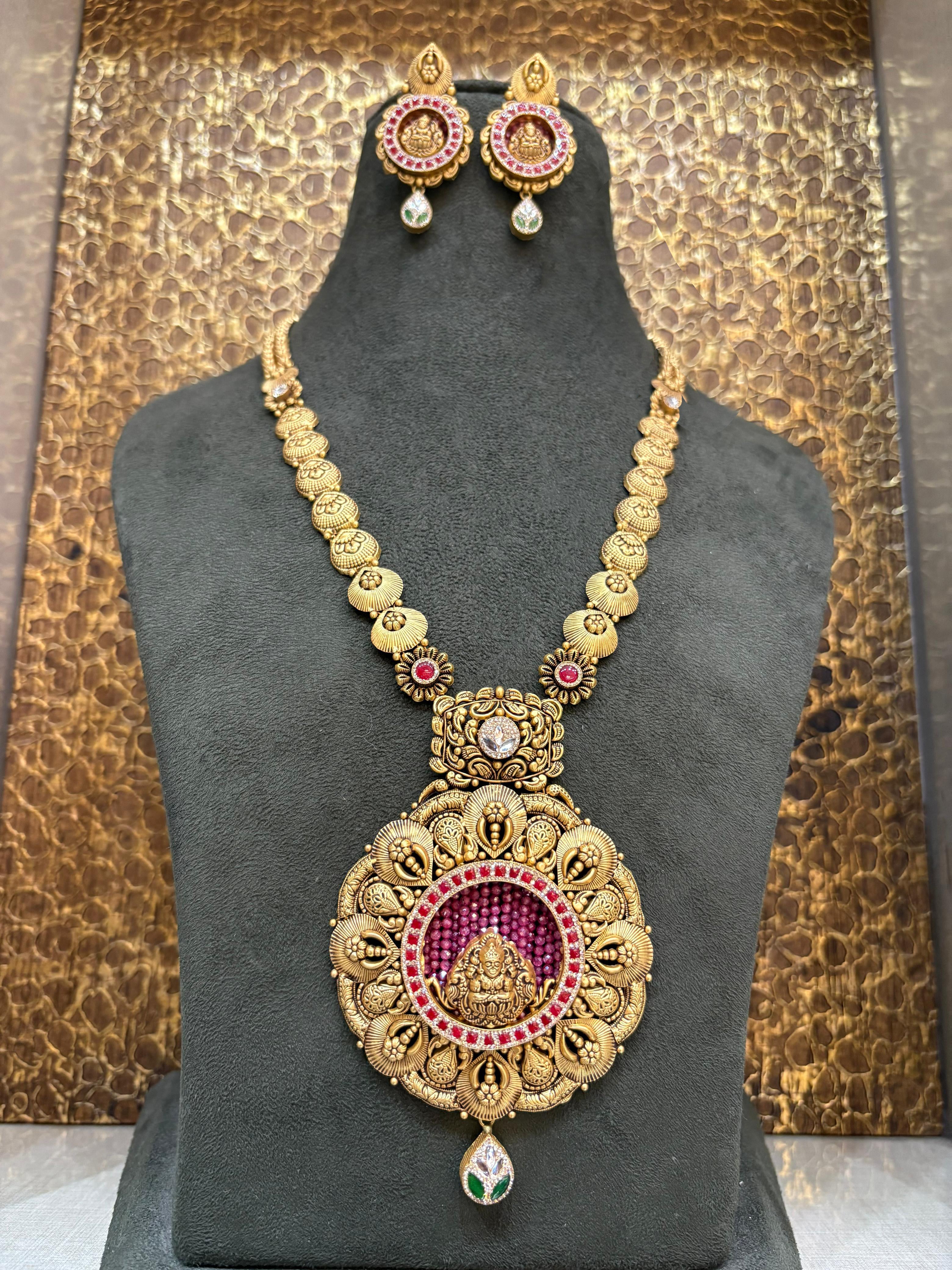 22Kt Gold Antique Lakshmi Long Necklace Set with Ruby Halo & Earrings