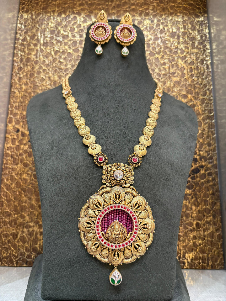 22Kt Gold Antique Lakshmi Long Necklace Set with Ruby Halo & Earrings