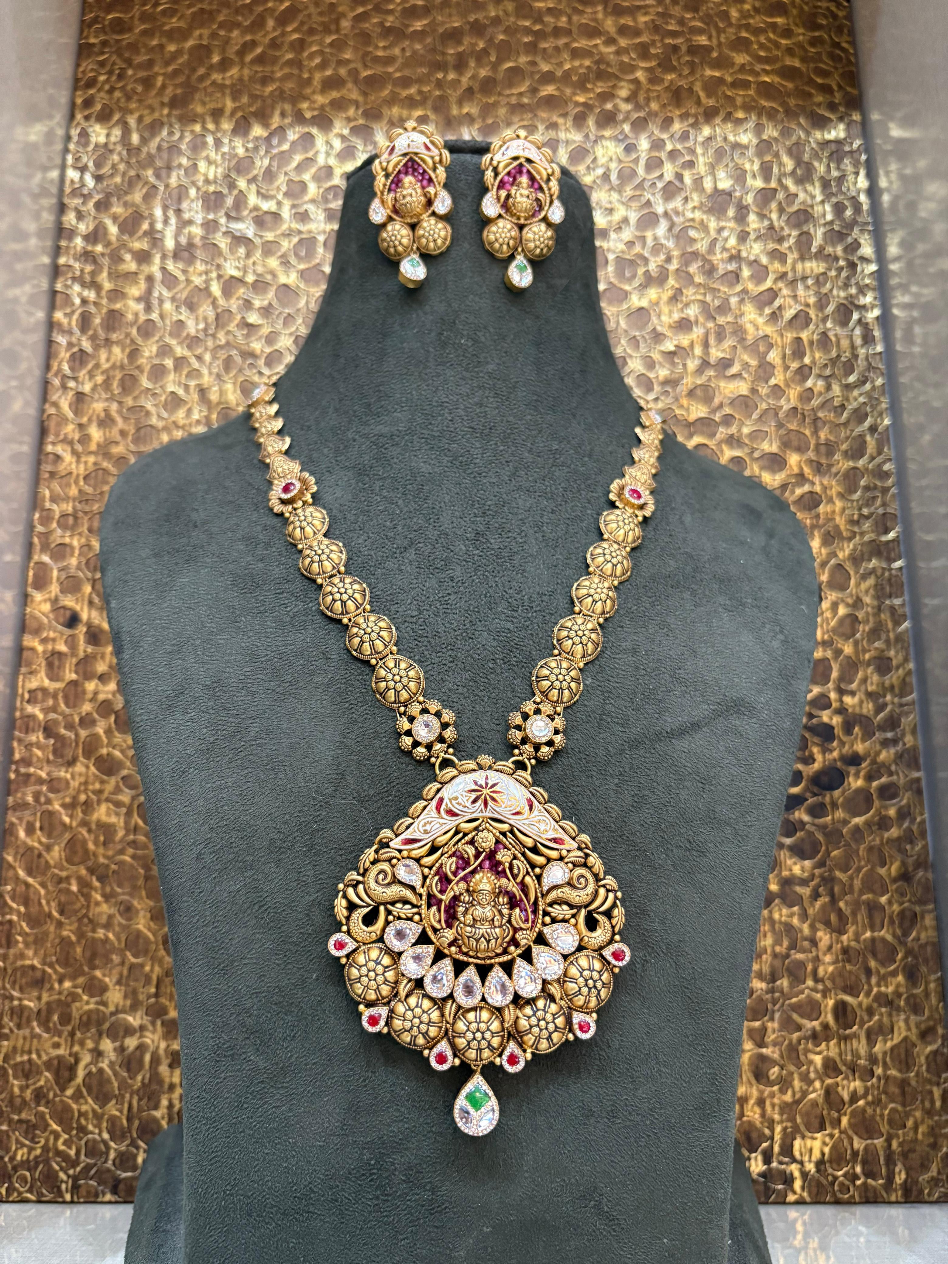 22Kt Gold Antique Lakshmi Peacock Temple Long Necklace Set with Polki & Ruby