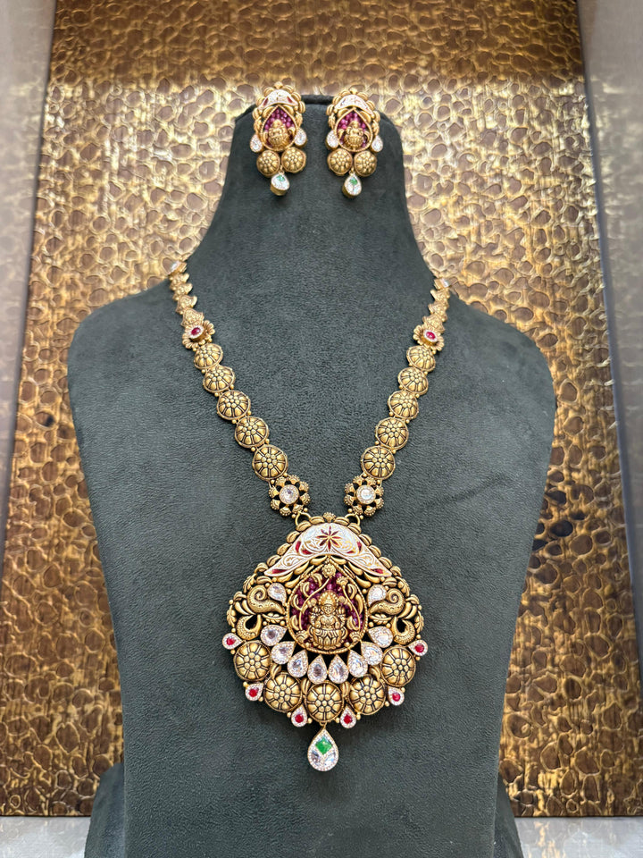 22Kt Gold Antique Lakshmi Peacock Temple Long Necklace Set with Polki & Ruby