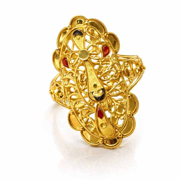 Oval Jali Enamel Paisley Gold Ladies Ring