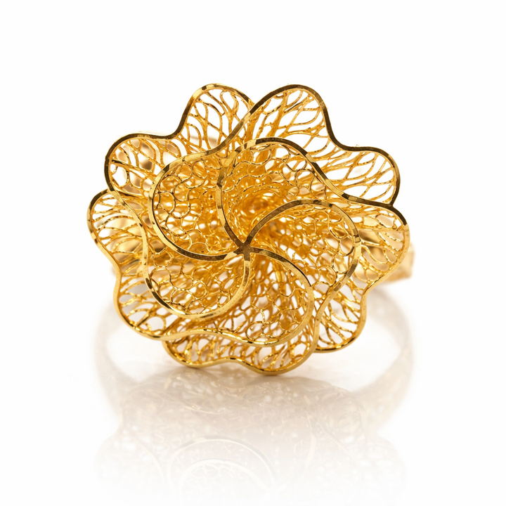 Open Petal Filigree Mesh Gold Ladies Ring