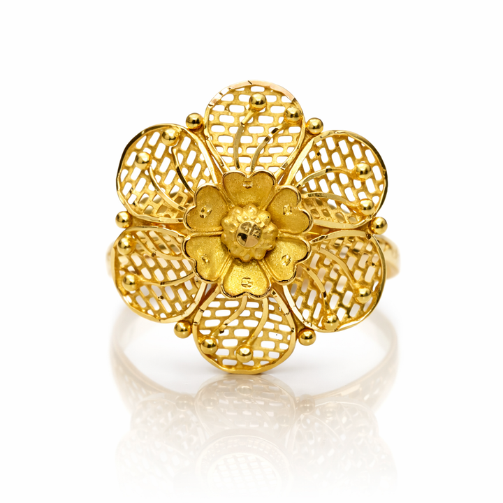 Five Petal Mesh Flower Gold Ladies Ring