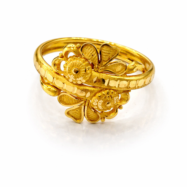 Double Flower Bypass Gold Ladies Ring