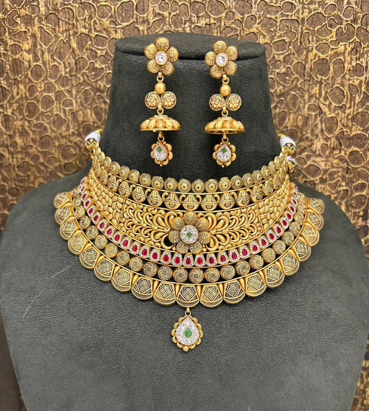22Kt Gold Antique Bridal Choker Necklace Set with Ruby & Polki Accents