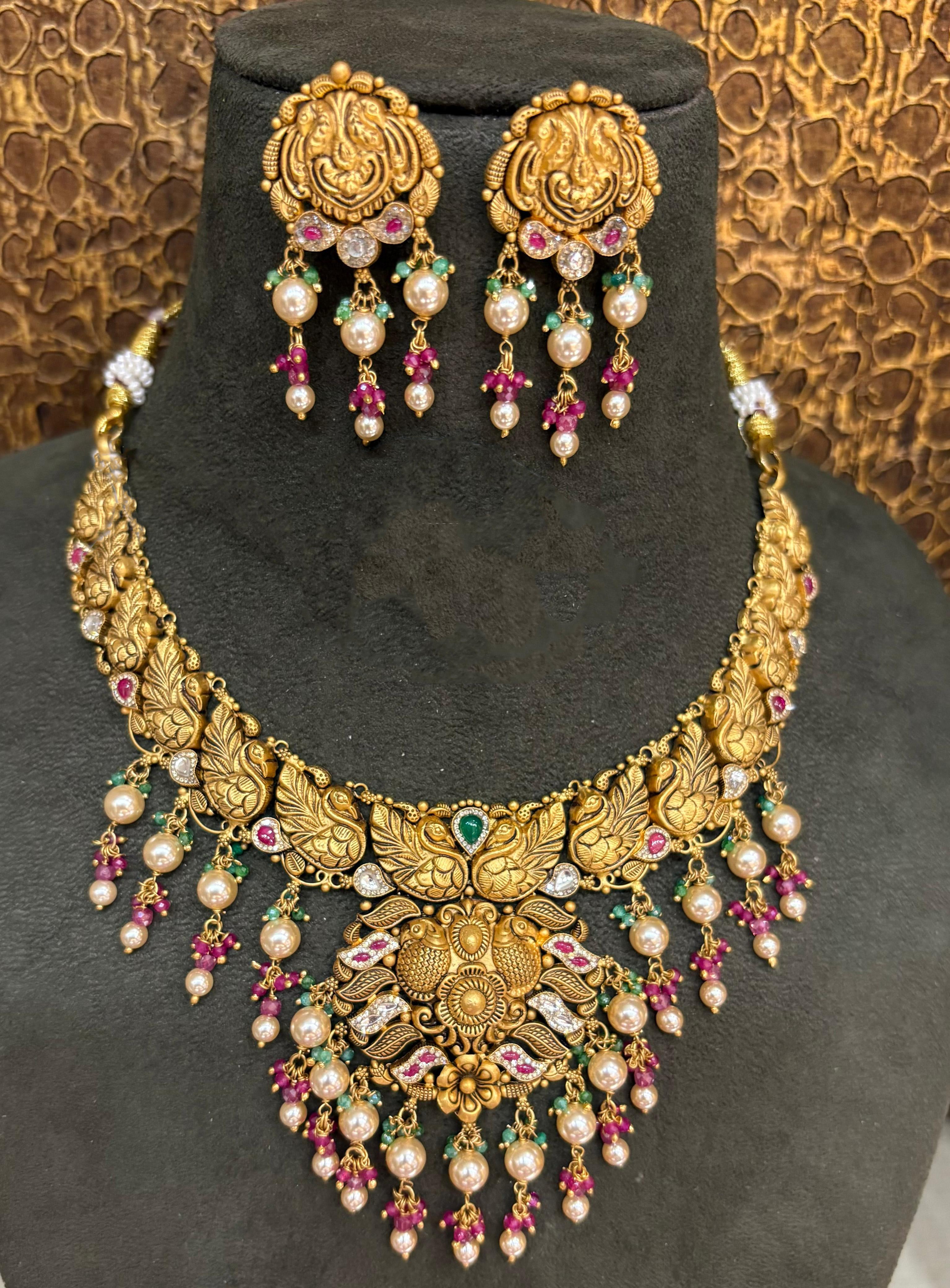 22Kt Gold Antique Double Peacock Floral Grand Choker Set with Pearl-Ruby-Emerald Drops & Ganesha Earrings