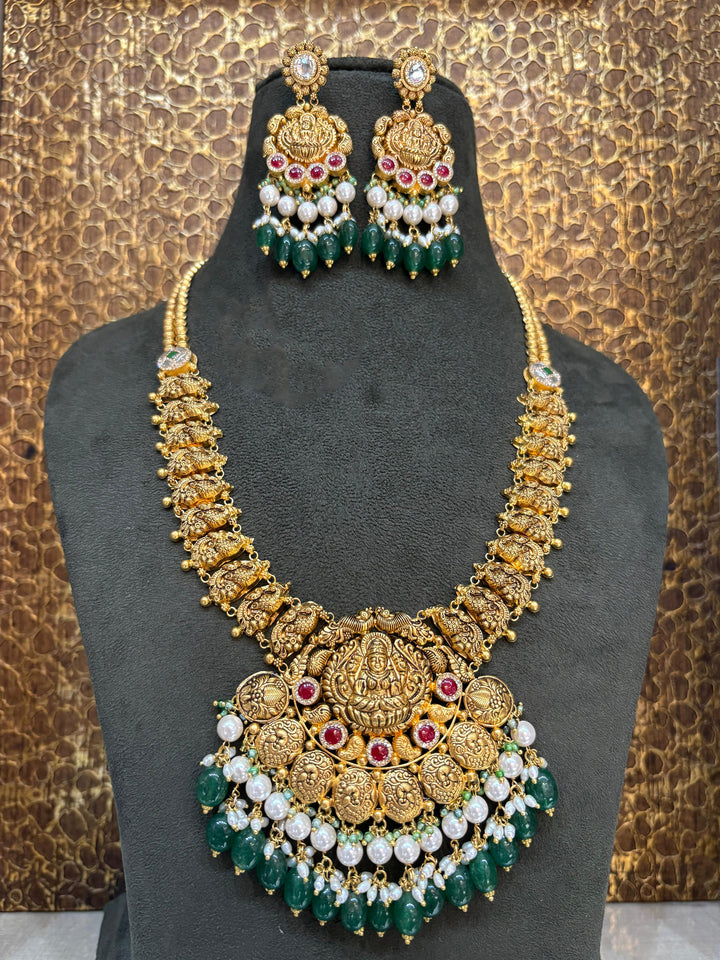 22Kt Gold Antique Lakshmi Elephant Temple Long Necklace Set with Emerald & Pearl Drops