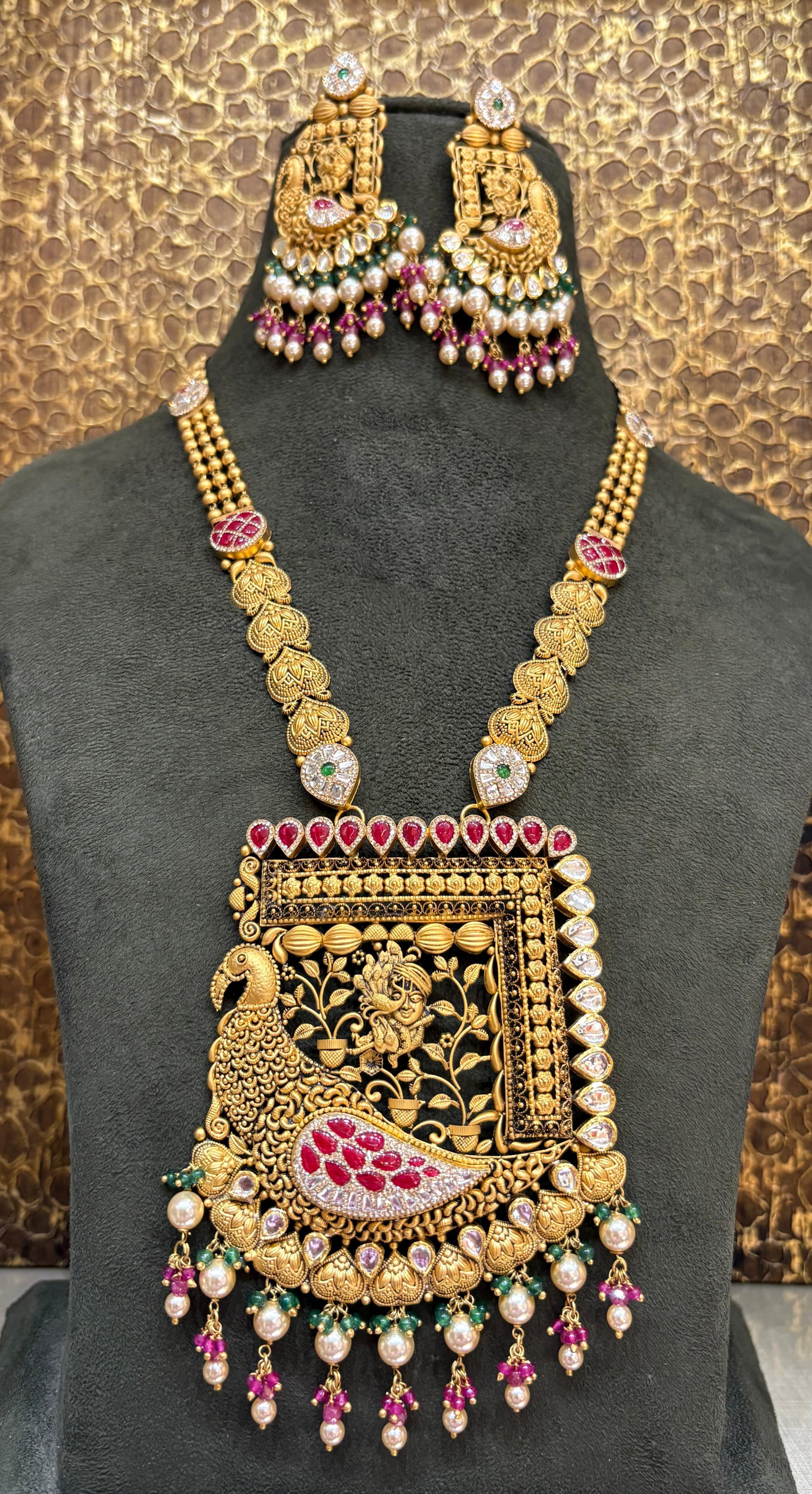 22Kt Gold Antique Peacock Meenakari Square Pendant Long Necklace Set with Ruby-Pearl Tassels & Heart Chain