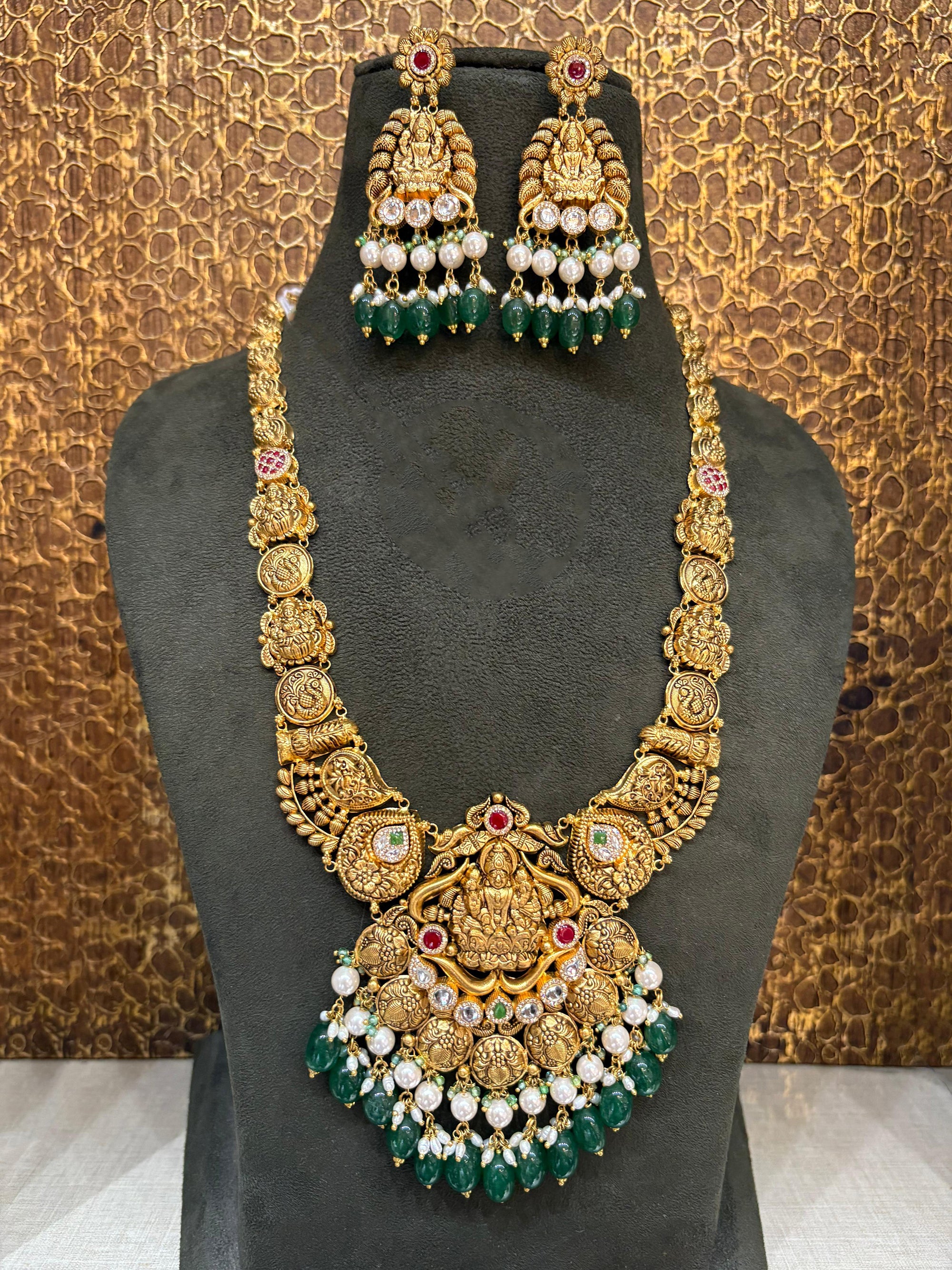 22Kt Gold Antique Lakshmi Coin Temple Necklace Set with Emerald & Pearl Drops