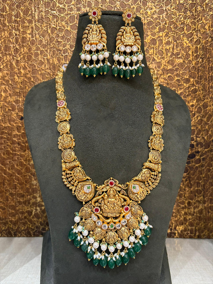 22Kt Gold Antique Lakshmi Coin Temple Necklace Set with Emerald & Pearl Drops