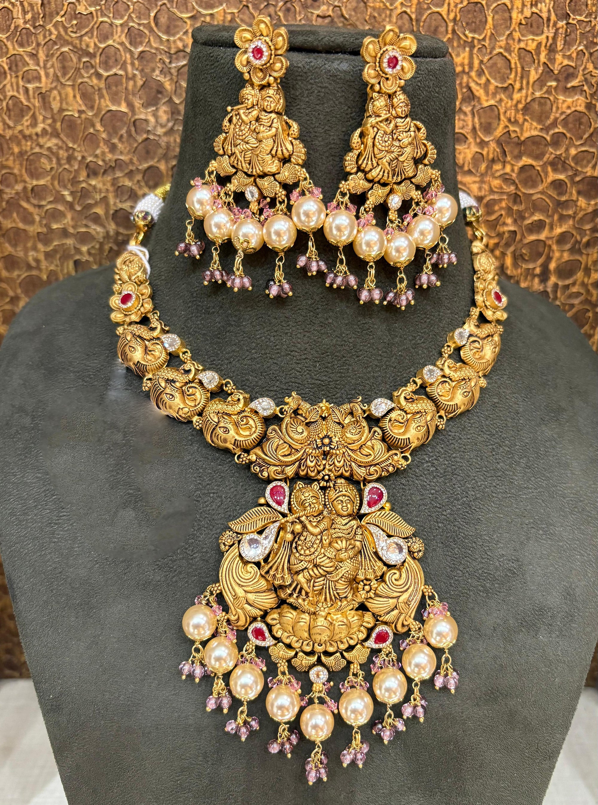 22Kt Gold Radhey Krishan Peacock Temple Necklace Set with Jhumka Earrings | Savya Jewels