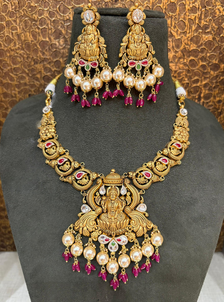 22Kt Gold Lakshmi Peacock Temple Necklace Set with Jhumka Earrings | Savya Jewels