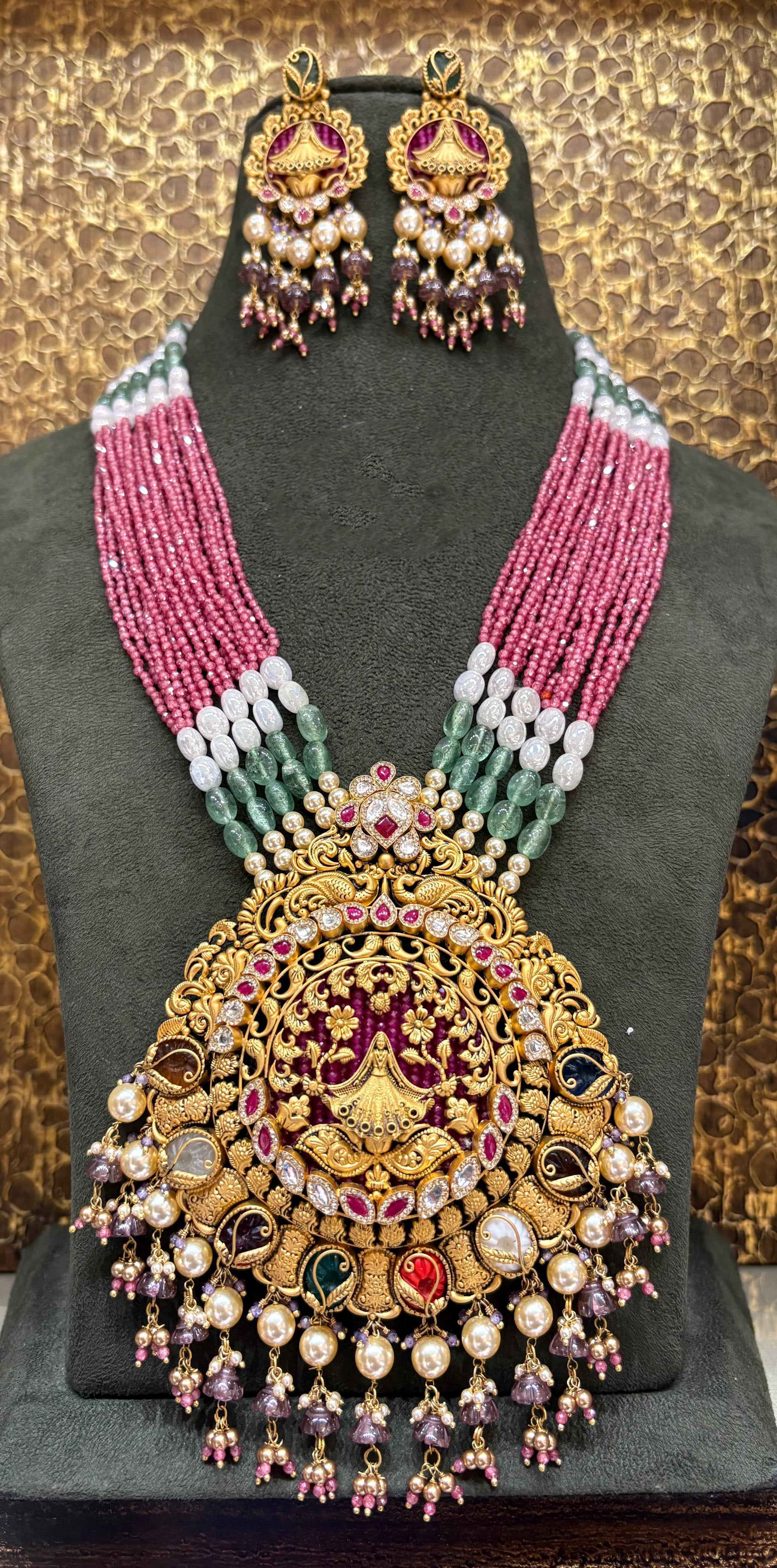 22Kt Gold Antique Lakshmi Meenakari Grand Necklace Set with Ruby-Pearl-Emerald Beads & Amethyst Drops