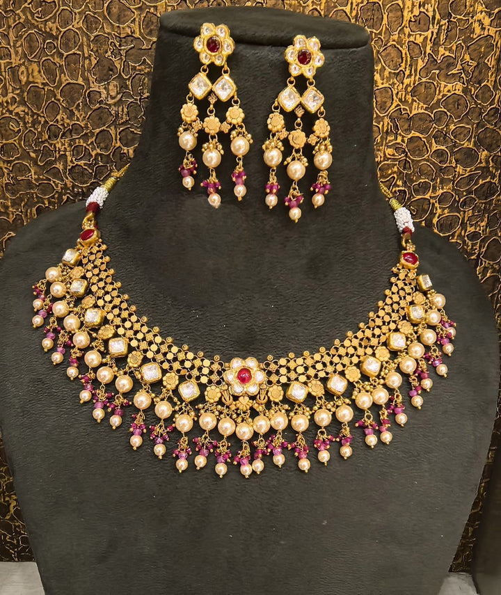 22Kt Gold Antique Polki Kundan Guttapusalu Choker Set with South Sea Pearls & Ruby Drops