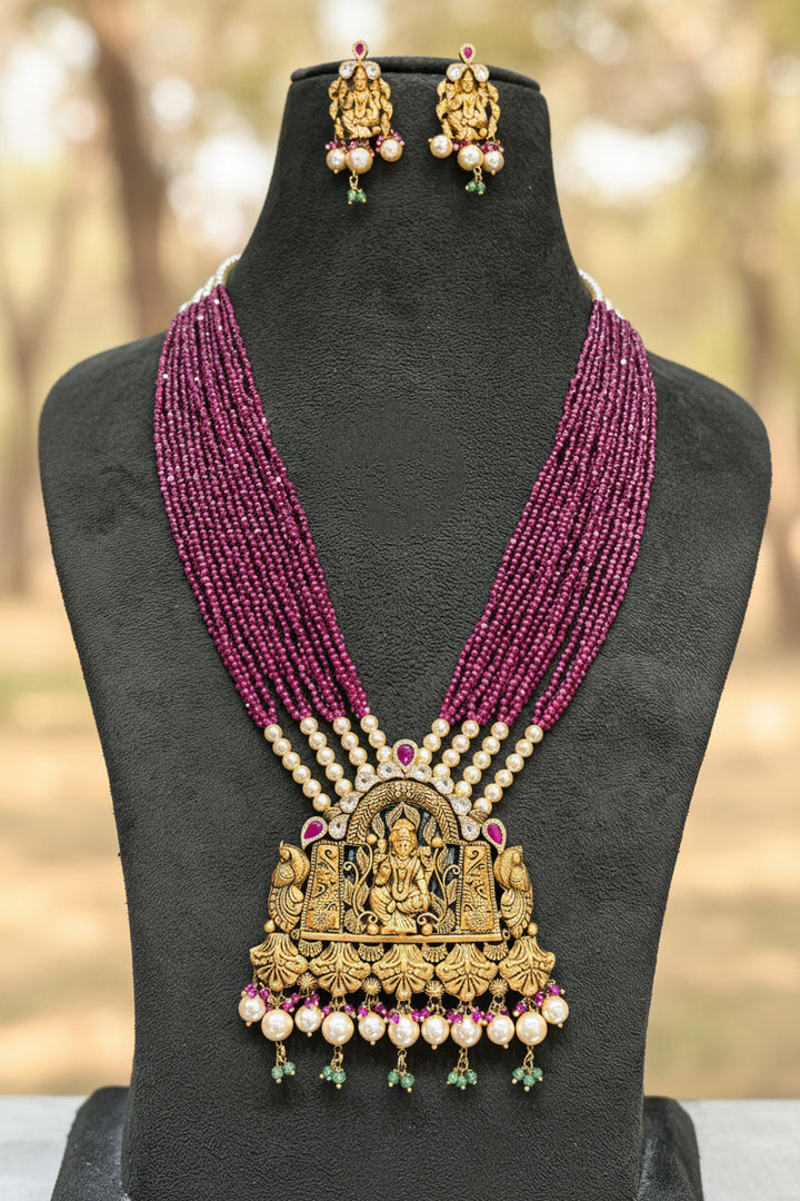 22Kt Gold Antique Ram Darbar Temple Necklace Set with Ruby Beads, Pearl & Emerald Drops