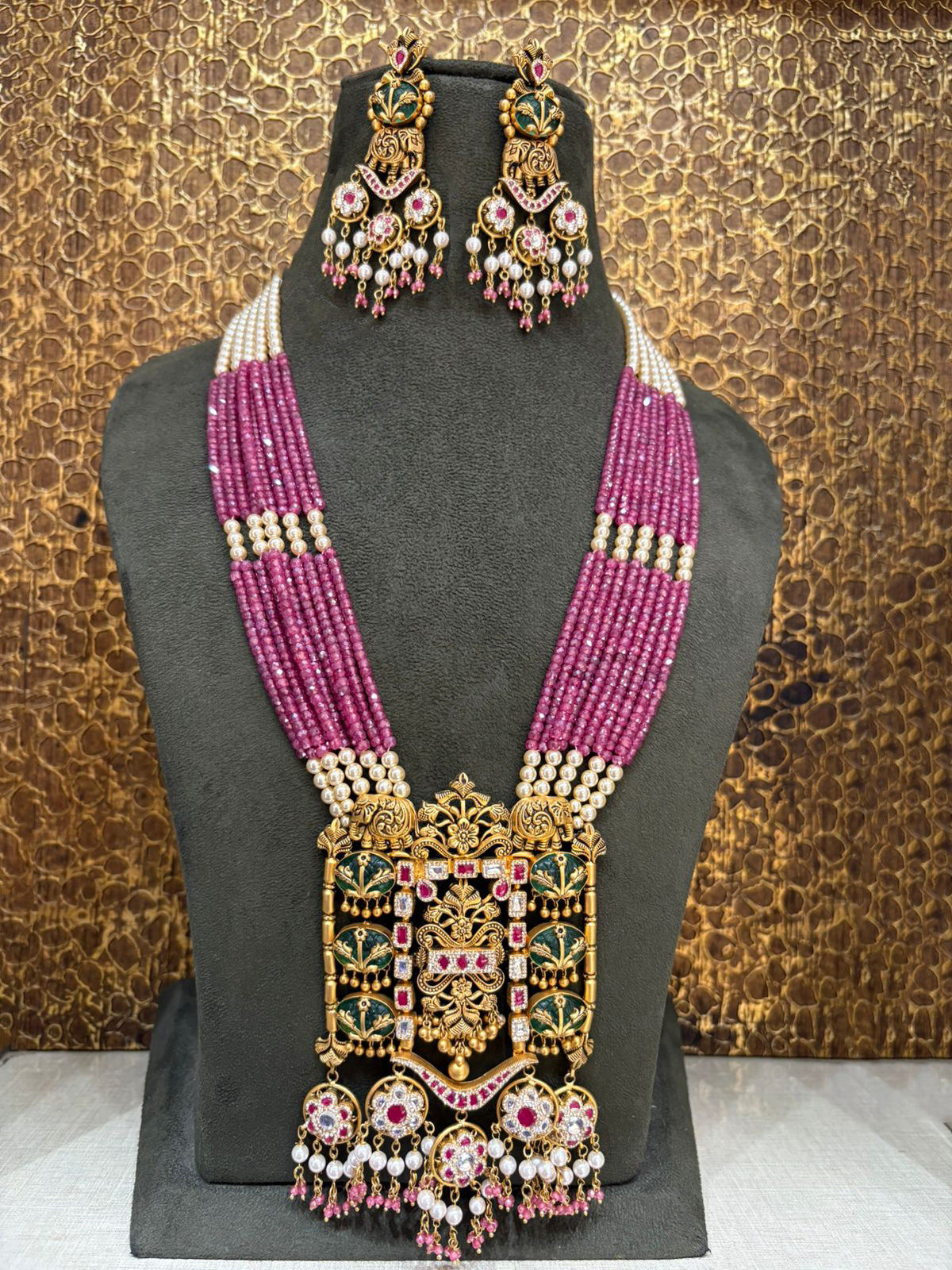 22Kt Gold Meenakari Floral Pendant Multi-Strand Ruby Pearl Necklace Set with Earrings | Savya Jewels