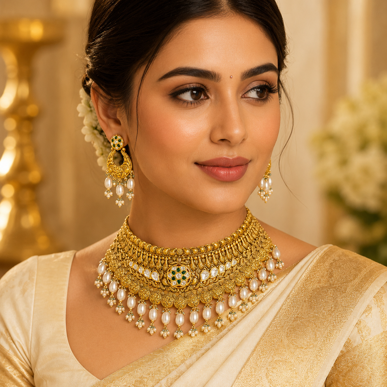 22Kt Gold Grand Bridal Choker Necklace Set with Pearl & Ruby Drops