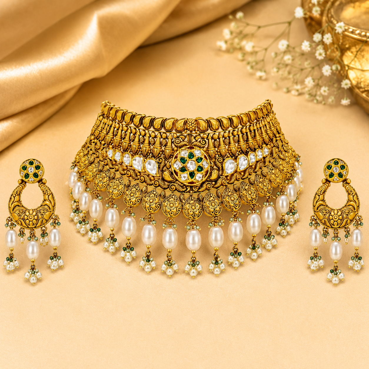 22Kt Gold Grand Bridal Choker Necklace Set with Pearl & Ruby Drops