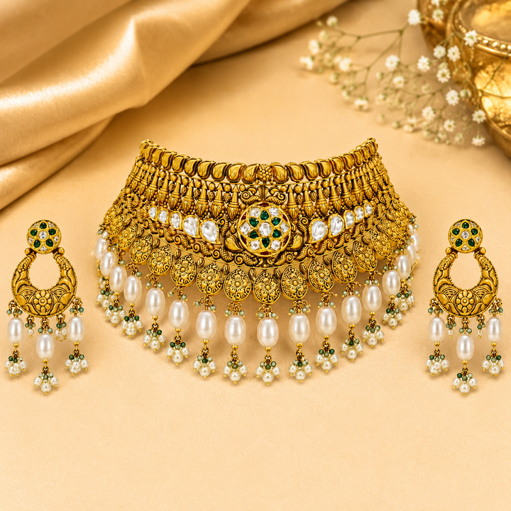 22Kt Gold Grand Bridal Choker Necklace Set with Pearl & Ruby Drops