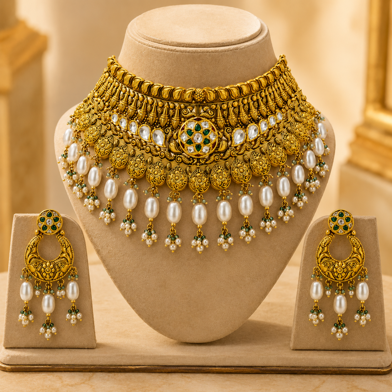22Kt Gold Grand Bridal Choker Necklace Set with Pearl & Ruby Drops