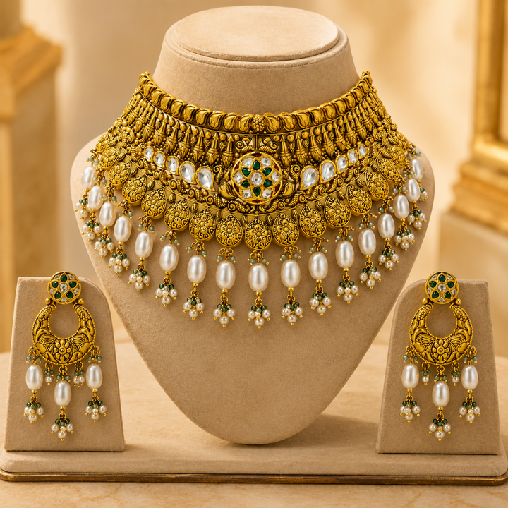 22Kt Gold Grand Bridal Choker Necklace Set with Pearl & Ruby Drops