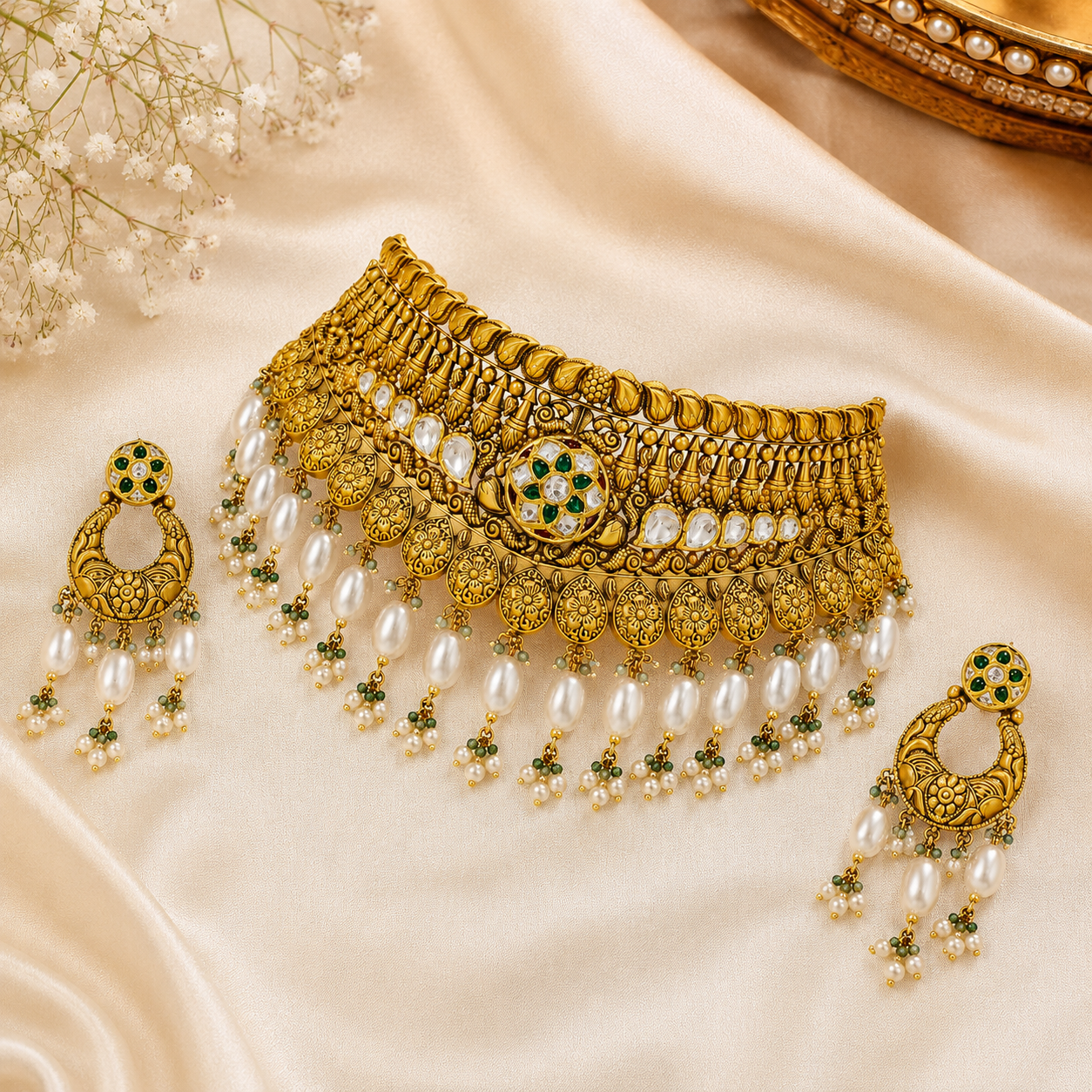 22Kt Gold Grand Bridal Choker Necklace Set with Pearl & Ruby Drops