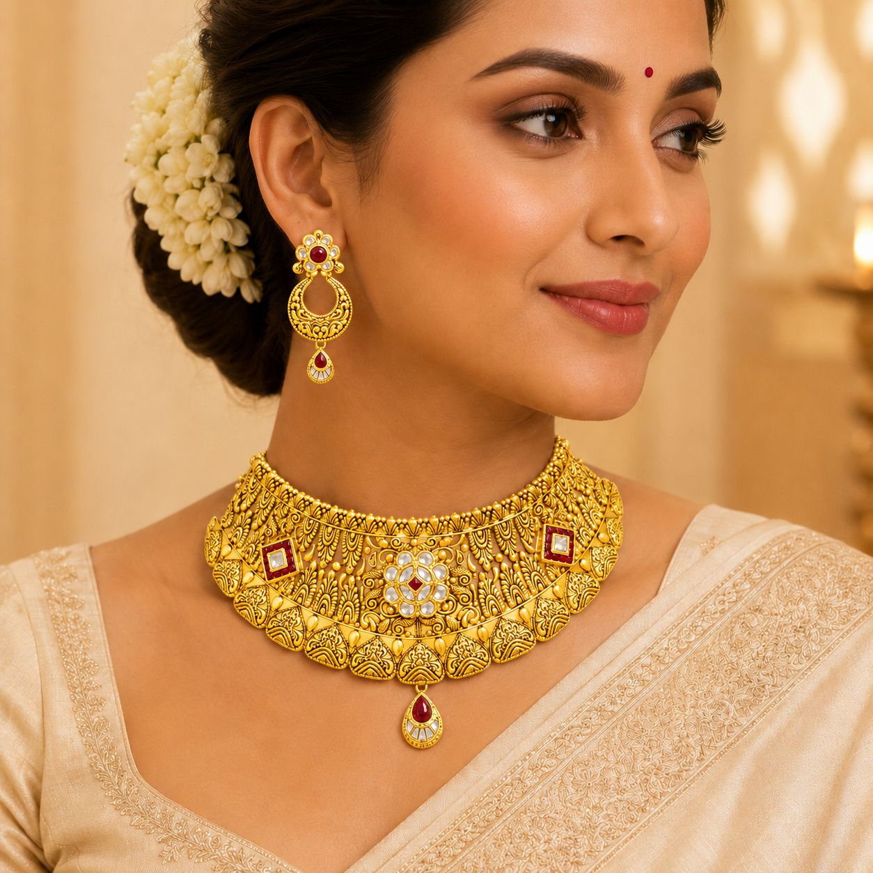 22Kt Gold Antique Navratna Choker Necklace Set with Multi-Stone & Ruby