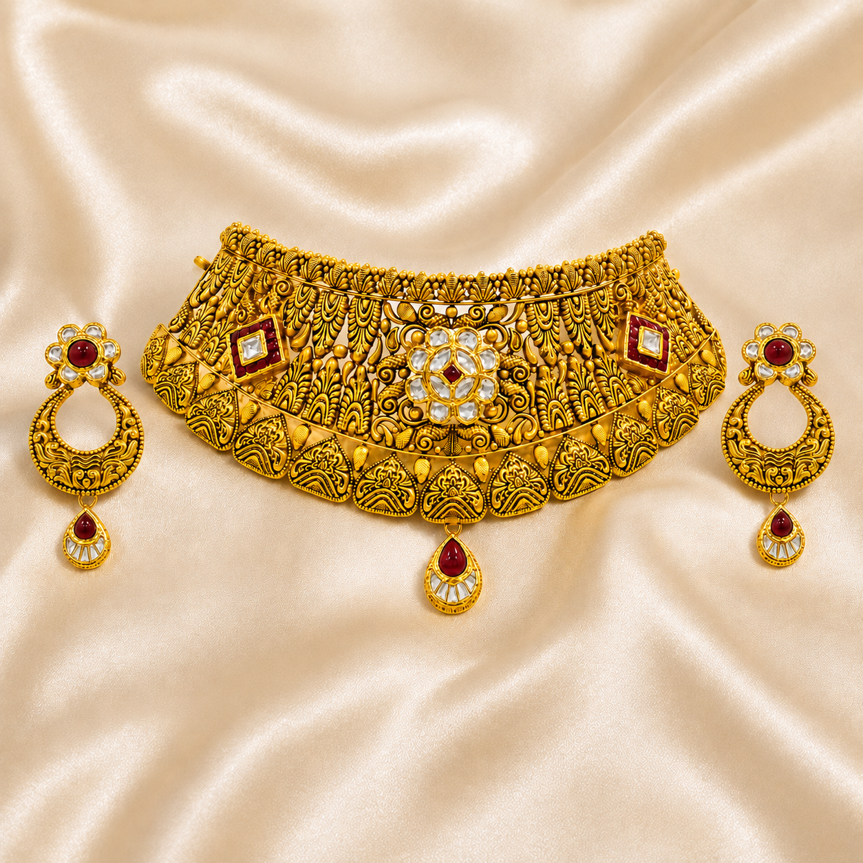 22Kt Gold Antique Navratna Choker Necklace Set with Multi-Stone & Ruby