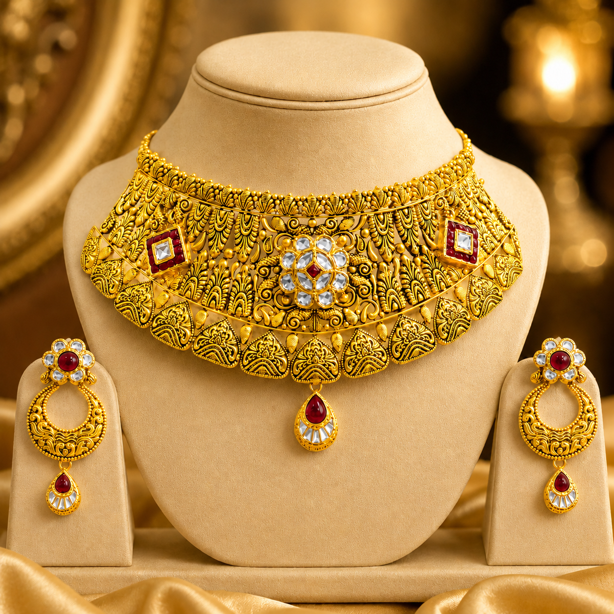 22Kt Gold Antique Navratna Choker Necklace Set with Multi-Stone & Ruby