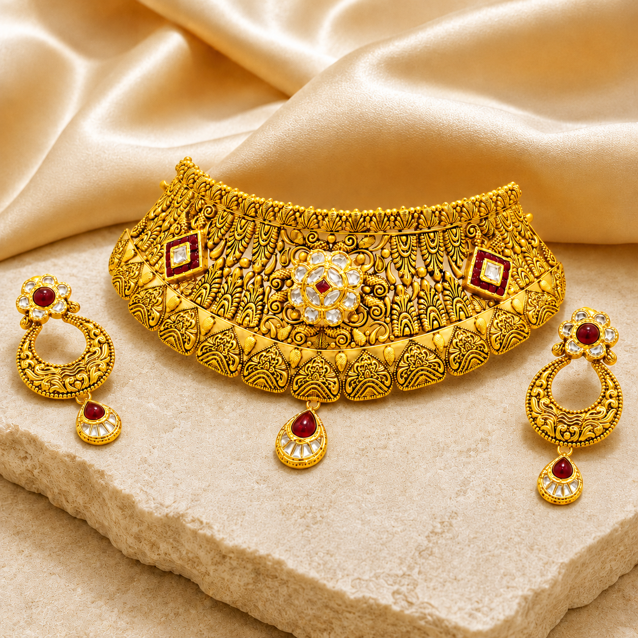 22Kt Gold Antique Navratna Choker Necklace Set with Multi-Stone & Ruby
