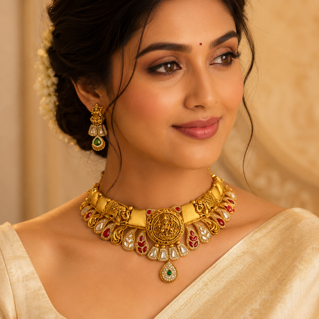 22Kt Gold Jadau Bridal Choker Necklace Set with Kundan & Ruby