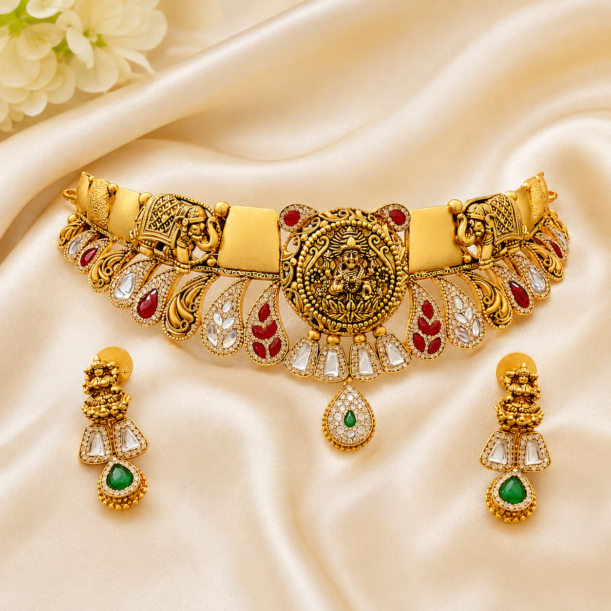 22Kt Gold Jadau Bridal Choker Necklace Set with Kundan & Ruby