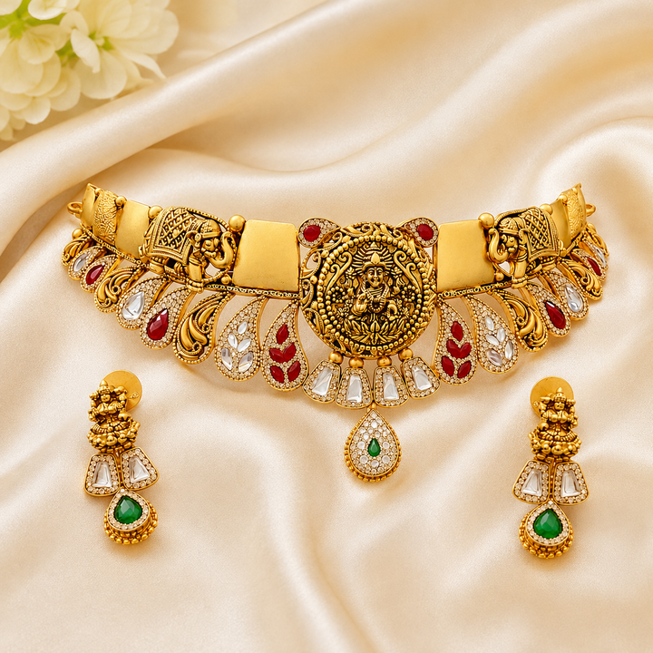 22Kt Gold Jadau Bridal Choker Necklace Set with Kundan & Ruby