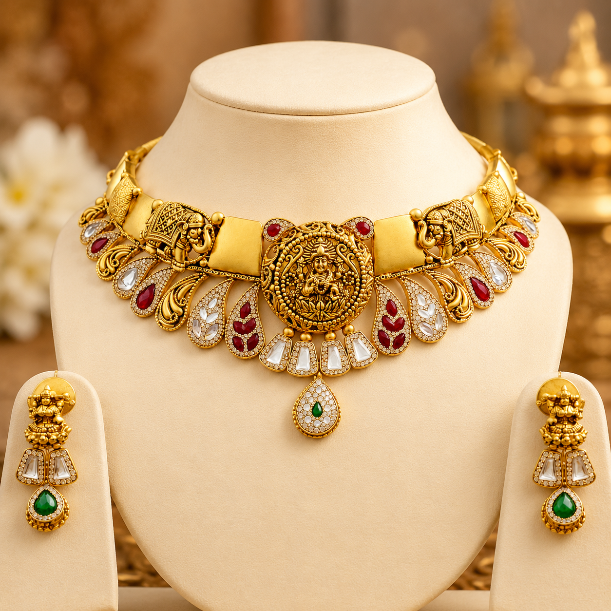 22Kt Gold Jadau Bridal Choker Necklace Set with Kundan & Ruby
