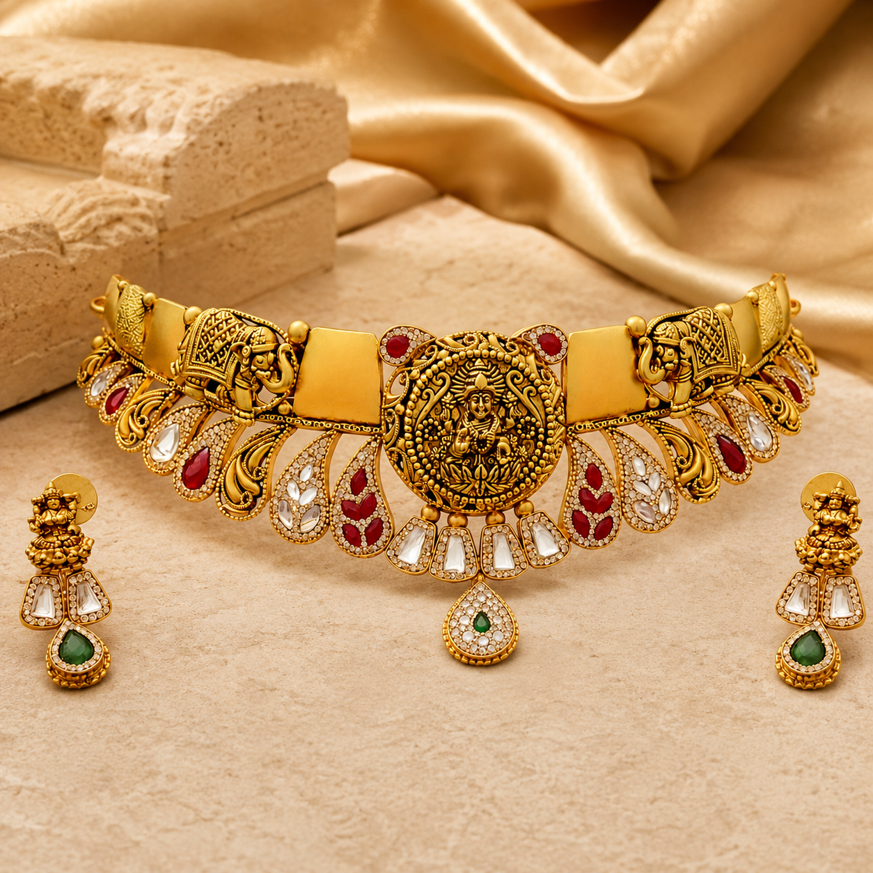 22Kt Gold Jadau Bridal Choker Necklace Set with Kundan & Ruby