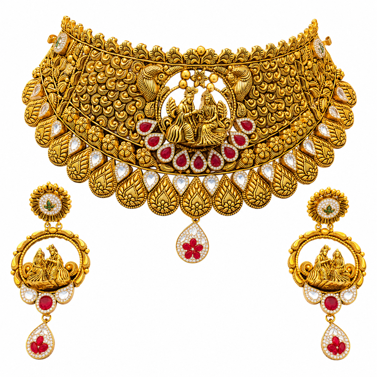 22Kt Gold Temple Choker Necklace Set with Meenakari & Ruby Drops