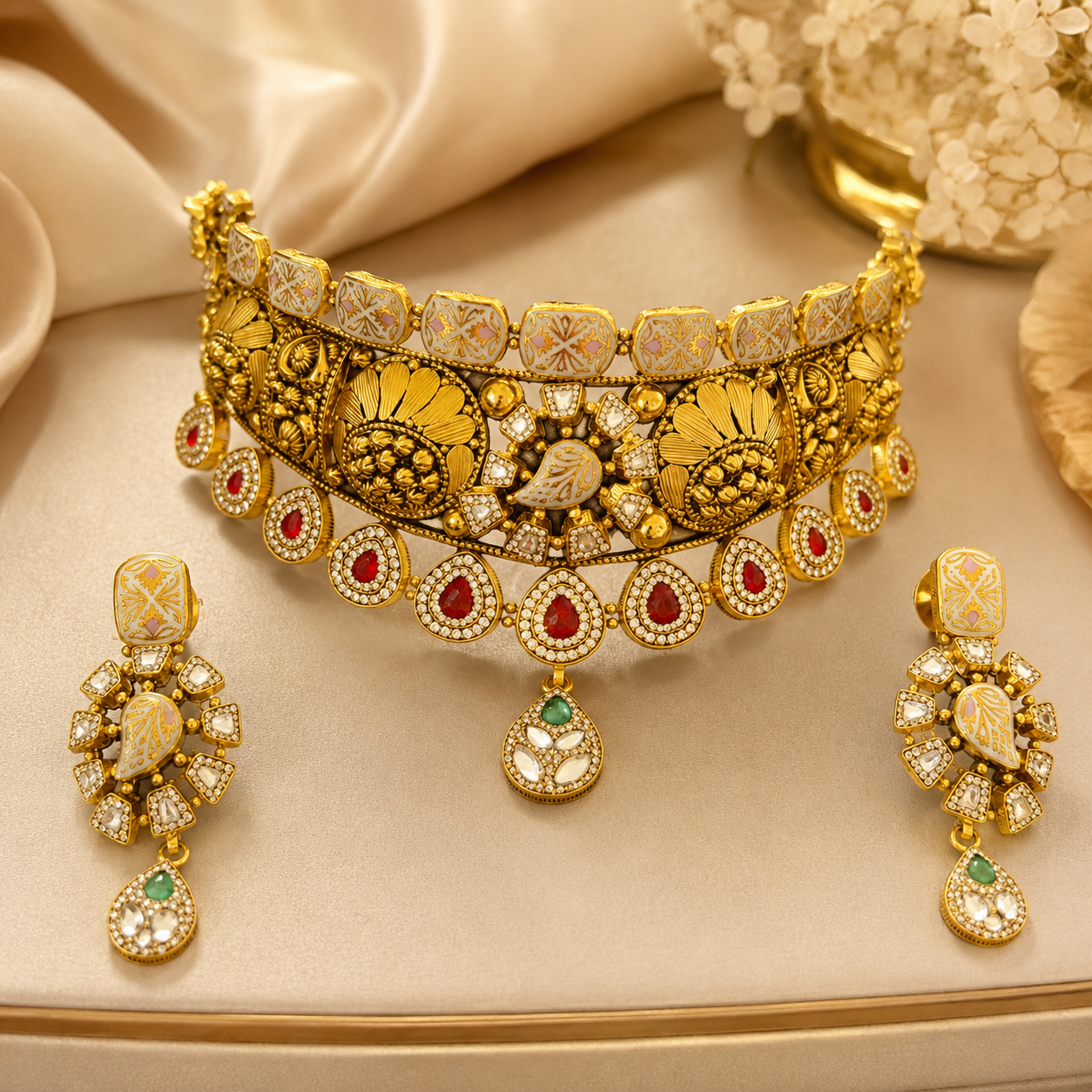 22Kt Gold Antique Bridal Choker Necklace Set with Kundan, Ruby & Polki